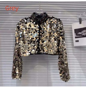 Women girls Catwalk show Jazz dance sequin jacket for female glitter gradient pailette dj ds gogo dancers short coats rhinestone stand collar short tops for female